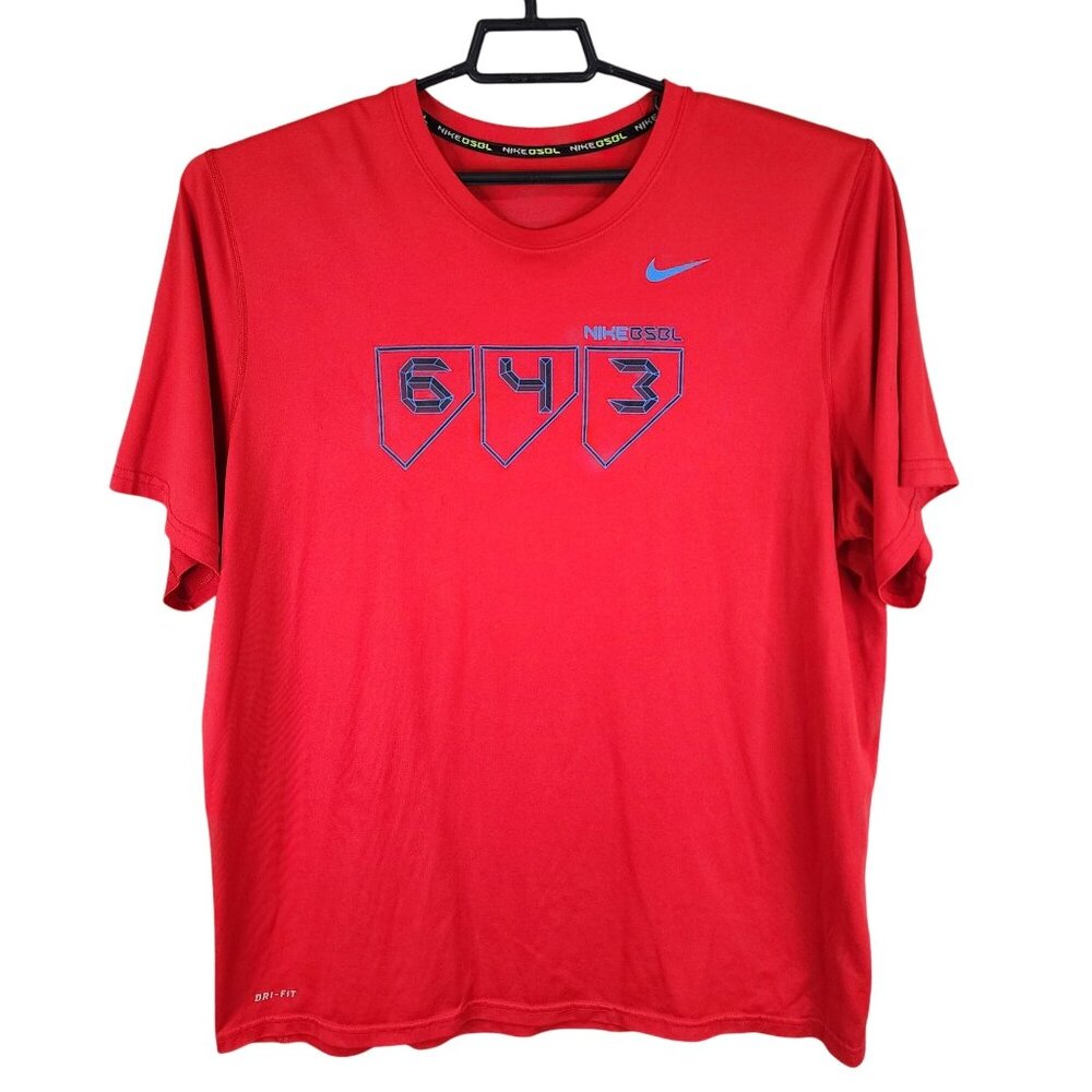 Mens Red Nike Dri-Fit 643 Graphic Shirt Athletic Tee Short Sleeve Crew Neck XXL
